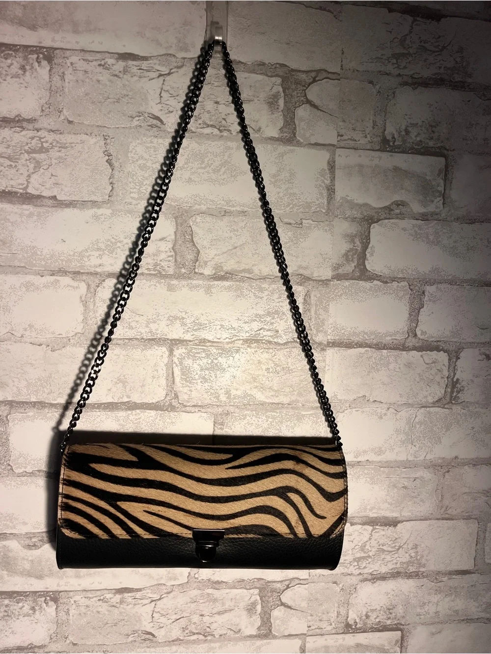 Women’s Made in Italy Genuine Leather Zebra Print Clutch/Shoulder Bag